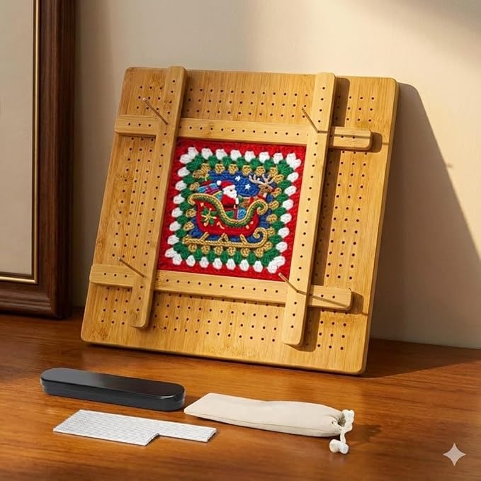 13”Crochet Blocking Board - Upgraded Style with 4 Tension Rods and 20 Pegs – Blocking Boards for Crochet Projects, Ideal for Granny Square Card Deck Users （Natural Colour）