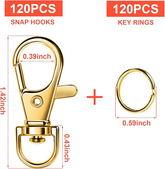 LEOBRO 240PCS Lobster Claw Clasps and Key Rings, Metal Key Chains, 120PCS Keychain Clips and 120PCS Key Chain Ring for Keychain, Jewelry Making, Art Crafts, Gold