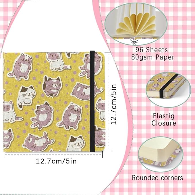 4.8" x 4.8" Hardcover Sketchbook,Small Mixed Media SketchPad,96 Sheets 80gsm Acid-Free Artist Drawing Paper,Travel Journal Pocket Blank Notebook for Painting,Illustration,Art Supplies.Yellow Cute Cat
