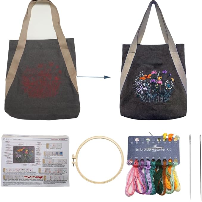 VWV-Whizzing Embroidery Canvas Tote Bag DIY Kit for Beginners, Complete with Pattern, Hoops, Color Threads, Tools & Detailed Instructions for Adults (15X16.5(in) Grey)
