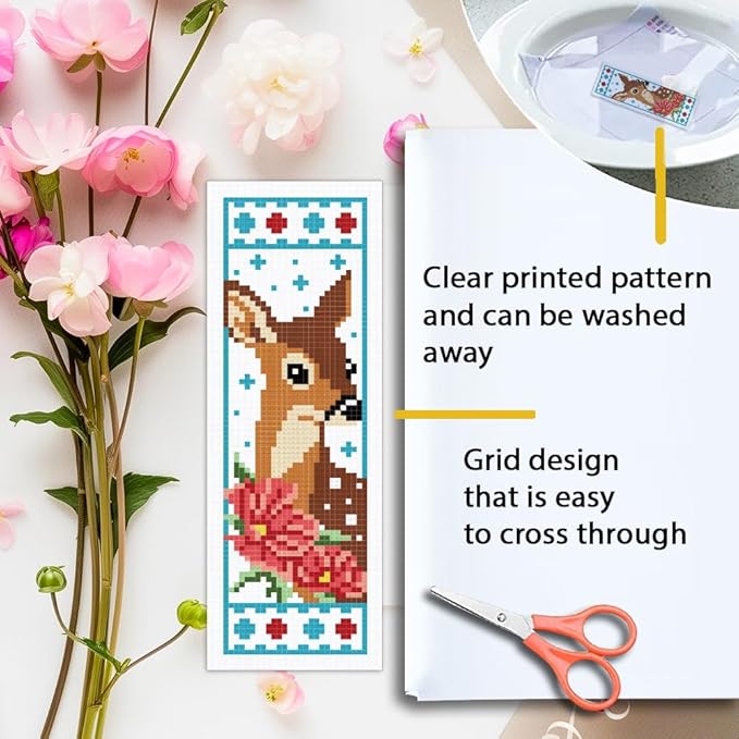 ORIGACH 6 Set Deer & Flower Cross Stitch Bookmark Kit for Beginner with Backing Felt Floss Instructions DIY Stamped Embroidery Bookmark Kit for Adults, Book Lovers