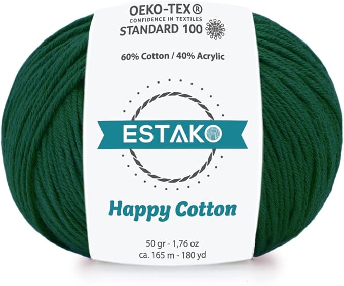Estako Happy Cotton, 60% Cotton 40% Acrylic Yarn, Soft, Fine/Sport (2) for Crochet and Knitting 1.76 Oz (50g) / 180 Yrds (165m) (4930 - Dark Green)