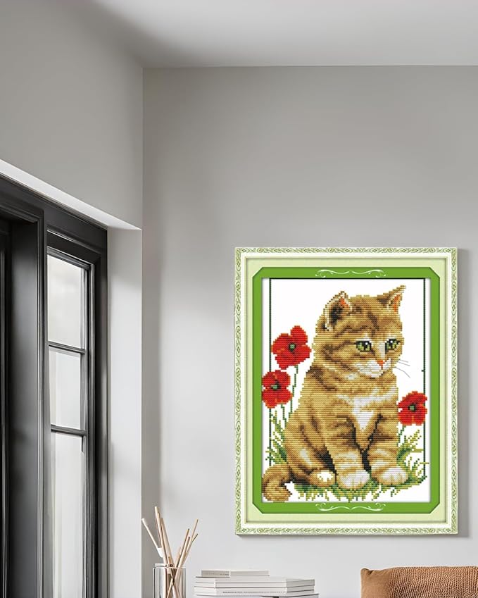 CaptainCrafts Cross Stitch Kits Stamped Cross Stitch Printed 11CT Fabric Cross Stitching DIY Art DMC Needlecrafts Embroidery Kit for Adults (Stamped, Cat and Poppy)