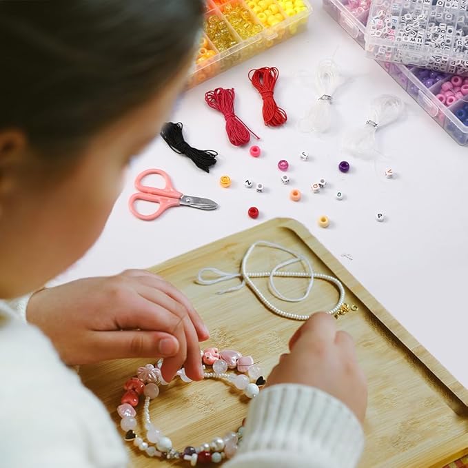 Beadiebling 4000 Pcs 6 * 9mm Pony Beads Bulk in 48 Colors - Friendship Bracelet Making Kit with 2400 Plastic Beads & 1600 Letter Beads in 3 Storage Boxes with 2X Strings, 3X Braided Ropes & Scissor