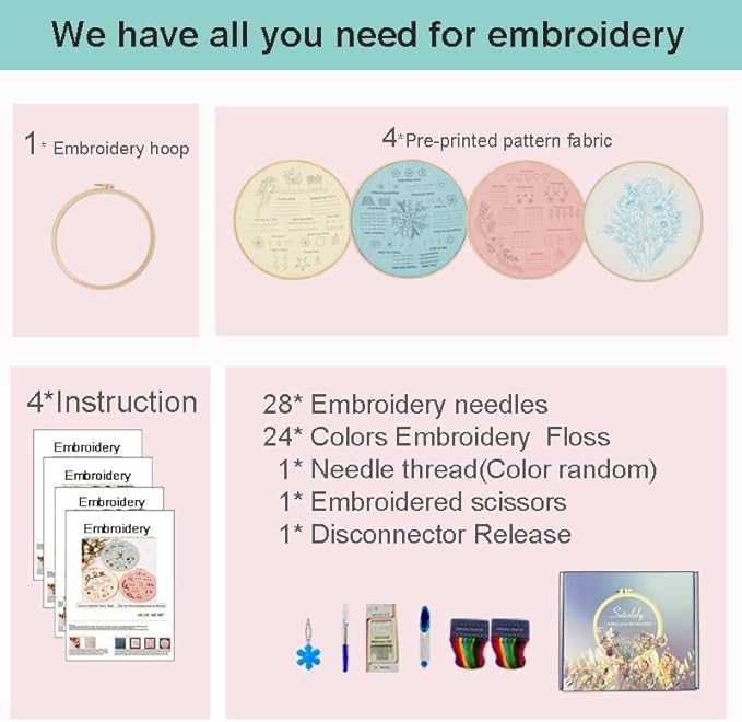 Sutesloly Hand Embroidery Kit for Beginners, 4 Sets Learn to Floral Patterns Simple Beginner Starter kit for Adults, 33 Stitches Easy Embroidery Practice Kit, 7.8inch Hoop, DIY Craft Gift for Women