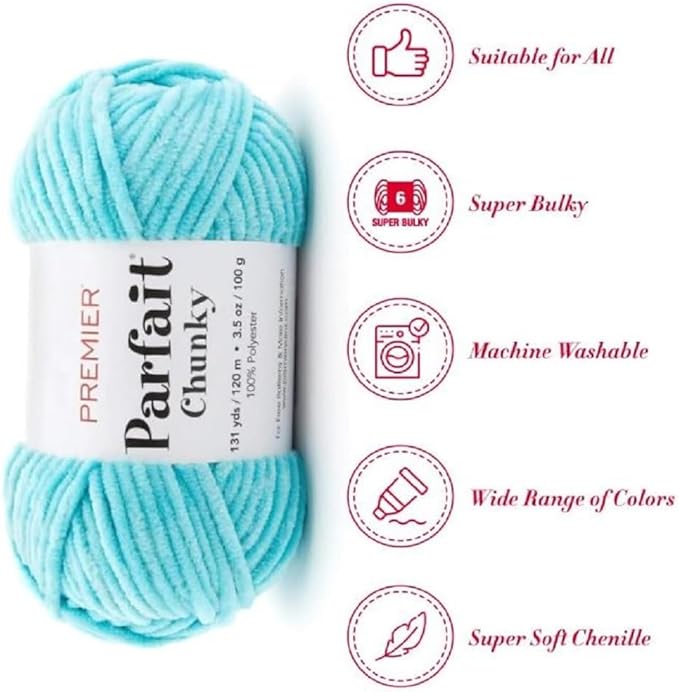 Premier Yarns Parfait Chunky Chenille Yarn 3.5 Oz 6 Super Bulky Weight 3 Pack Bundle with Bella's Stitch Place Holders (Turquoise)