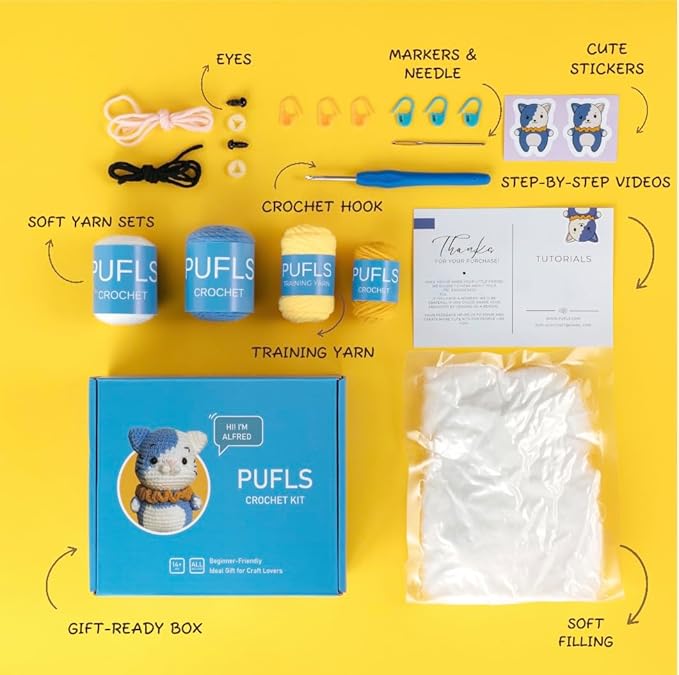 PUFLS Cat Crochet Kit for Beginners Kids, Beginner Crochet Kit for Adults and Kids with Video Tutorials, Crochet Kits with Mini Crochet Animals, Knitting Kit for Beginners and Cute Crocheting Kit
