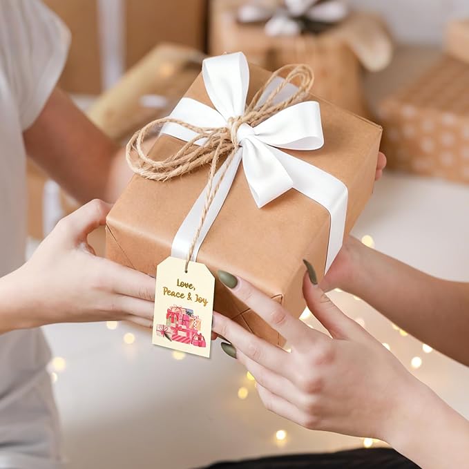 96 Pcs Christmas Gift Tags, Watercolor Christmas Hanging Tags Label Gold Foil with Hemp Rope Xmas Present Tag for DIY Xmas Holiday Present Wrapping Decorations, 6 Styles