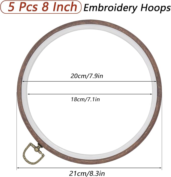 joyangy 5 pcs 8 inch embroidery hoops, round imitated wood cross stitch hoop rings for art craft sewing, circle display frame kits for embroidery handy diy ornaments decoration