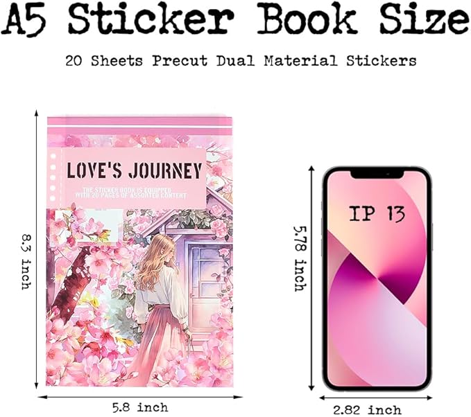 Love's Journey Scrapbook Stickers, Precut Journal Stickers Book for Junk Journaling, PET and Paper Materials, Seasons Landscape Girl People Stickers for Scrapbooking Supplies, A5