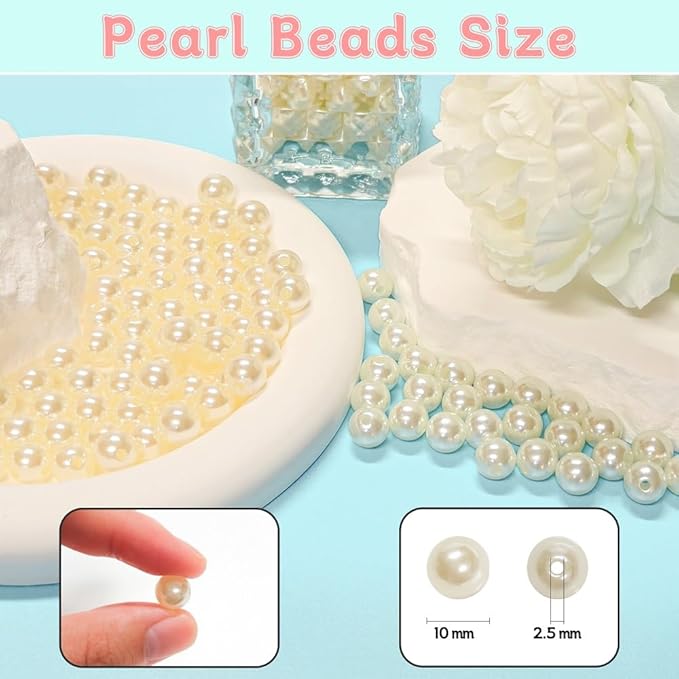 Pearl Beads for Jewelry Making Holes ABS Craft Beads with Holes for Jewelry Making, Bracelet, Necklace Crafting Bulk Bead Kit (10mm,Ivory White/450 pcs)