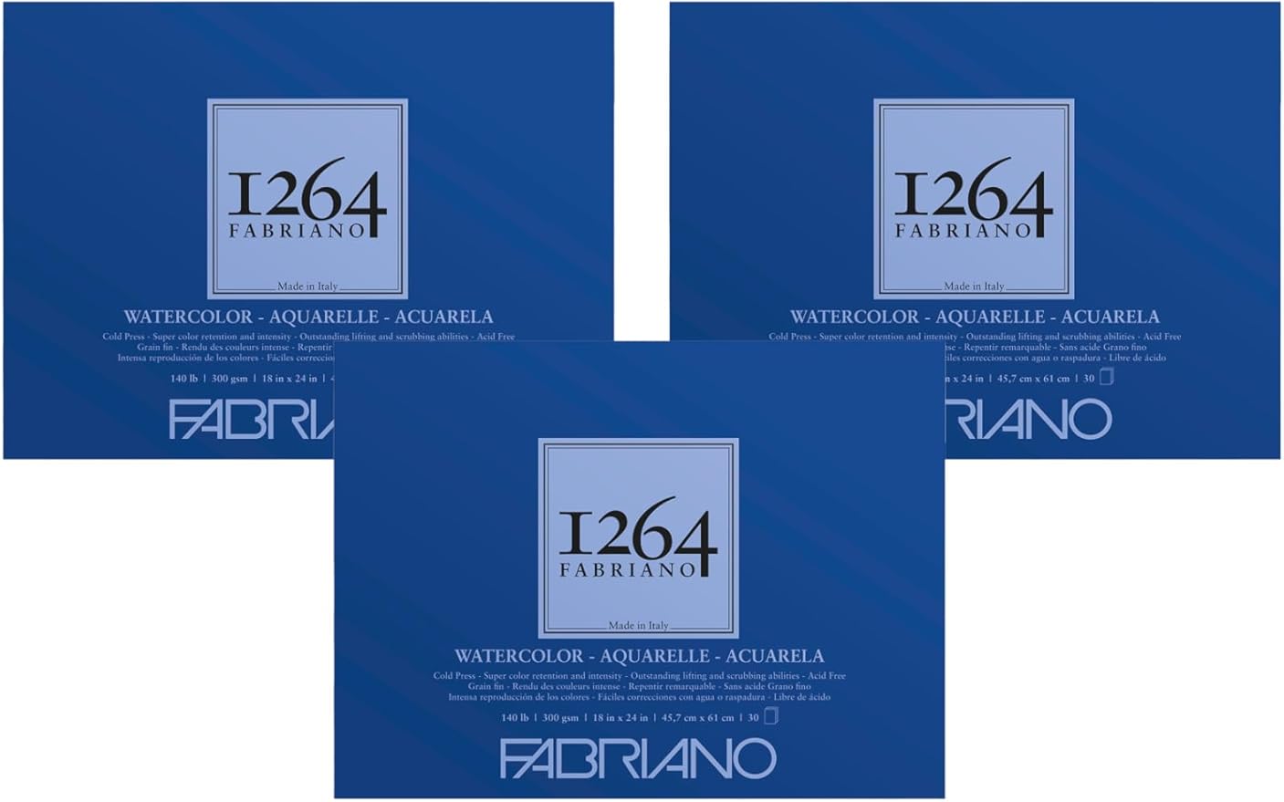 Fabriano 1264 Watercolor Pad, 18" x 24", Glue Bound, 140 lb., 3-Pack