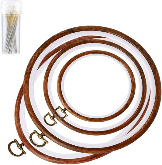 4 pack oval embroidery hoops, imitated wood display frame circle and oval embroidery kits with 30 pieces large eye embroidery needles, quilting hoop and cross stitch supplies for sewing and wall hang
