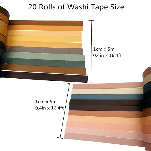 20 Rolls Washi Tape Set,10 mm x 5m Decorative Colored Masking Tapes for Scrapbooking, Junk Journal, Planners, DIY Crafts, Gift Wrapping