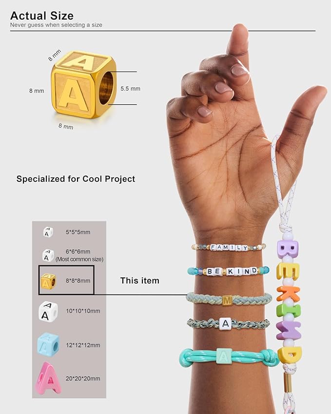 26 Pcs Non-Tarnish Gold Metal Letter Beads, Stainless Steel 88mm Large Square for Bracelets, Necklace, Bag Charms, Shoe Lace, Charms for Sneakers