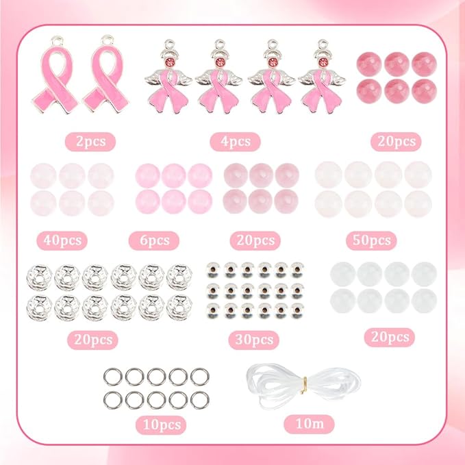 SUNNYCLUE 1 Box DIY 6 Sets Breast Cancer Awareness Bracelets Pack Pink Ribbon Charms Beading Bracelet Making Kit Hope Health Aware Charm Imitation Jade Round Beads for Jewelry Making Kits Women Craft