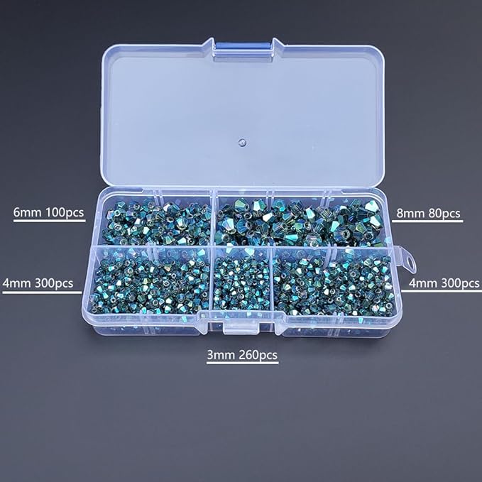 Clear Green Bicone Glass Beads for Jewelry Making, Faceted Crytal Spacer Beads for Bracelet Necklace Earring (3mm 4mm 6mm 8mm Mixed Sizes, 1040pcs)