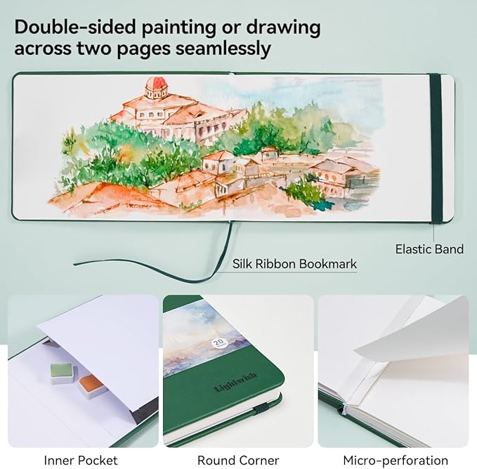 Lightwish Watercolor Journal, 100% Cotton Hot Press Art Supplies Small Watercolor Paper Sketchbook 4.96” x 3.62”, 20 Sheets (140lb/300gsm), Acid-Free for Watercolors, Gouache, Acrylics