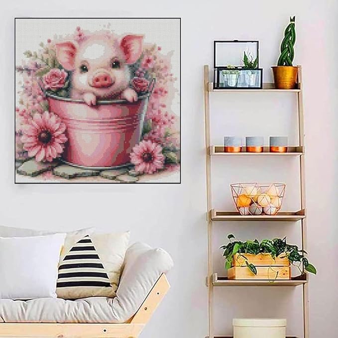 Cute Pig Stamped Cross Stitch Kits for Adults Beginner, Flowers Dimensions Needlepoint Art Crafts Embroidery Kits for Adults Beginners 13.7x13.7 inches