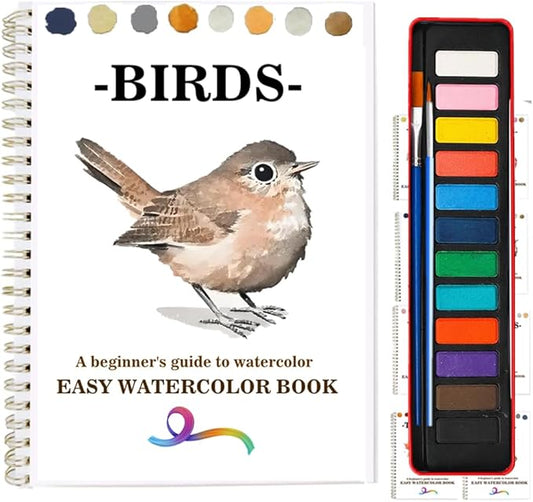 Watercolor Workbooks Coloring Book Beginner Friendly Painting Kit Easy Nature Scenes Paint Set Art Crafts for Creative Exploration Gift for Adults (Birds Series, with Palette)