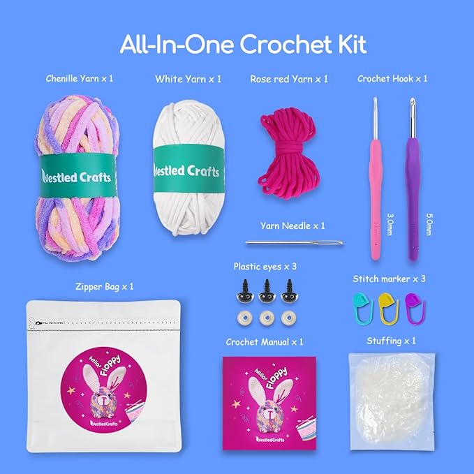 NestledCrafts Crochet Rabbit Kit for Beginners – All-in-One Amigurumi Crochet Kit with Yarn, Hook, Stuffing, and Step-by-Step Video Tutorials, Perfect for Kids & Adults