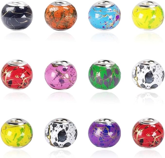 AIPRIDY 100Pcs 15x11mm Painting Murano Large Hole Glass Beads Mix Color with Silver Brass Cores European Charm fit Bracelet Necklace (Golden line)