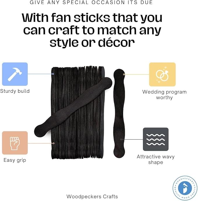 Wooden Black 8" Fan Handles, Wedding Programs, Paint Mixing, Pack 100, Jumbo Craft Popsicle Sticks for Auction Bid Paddles, Wooden Wavy Flat Stems for Any DIY Crafting Supplies Kit, by Woodpeckers