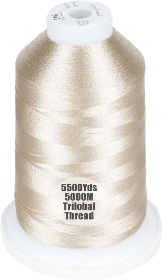 Simthread Trilobal Polyester Thread – 5000M (5500yds) No.40 – Super Sheen, Tangle-Free – Built-in Thread Lock Spool – Compatible with Brother, Singer, Janome & More, Beige-843
