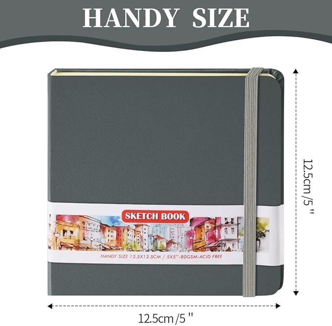 Square 5x5 inches 80gsm 96sheets/192 Pages Notebooks Blank Sketchbooks Travel Journal Pocket Hardcover Paint Writing Diary Memo Planner PU Leather Cover. Grey