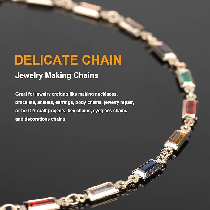 KYUNHOO 13 Feet Mix Colored Rectangular Rhinestone Chain Spool Paperclip Chain Links Gold Plated Chains for Jewelry Making Brass Chain Bulk with Jump Rings and Lobster Clasps