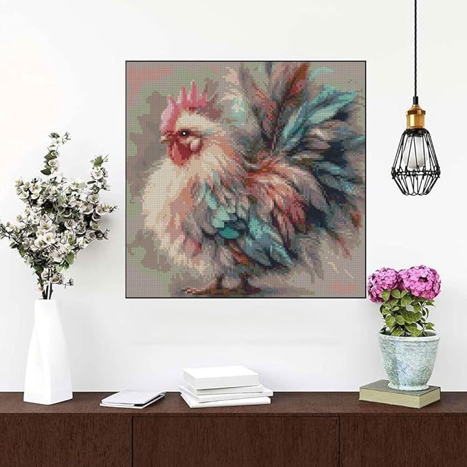 mybisymqq stamping cross stitch kit,chicken counting cross stitch kit for adult beginners, full line diy cross stitch stitching kit for home decor cross stitch patterns 13.7x13.7 inches