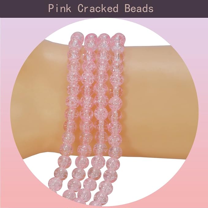1050pcs Pink Crackle Glass Beads Handcrafted Round Lampwork Smooth Loose Beads for Bracelet & DIY Jewelry Making 6mm