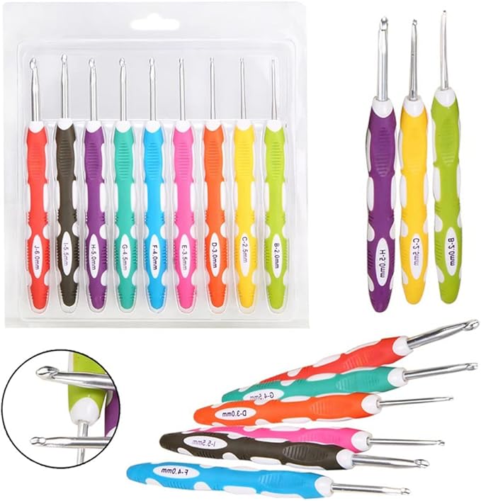 9 Pieces Crochet Hooks Ergonomic Ergonomic Crochet Hooks Set Soft Grip Handle Knitting Needles Craft Making Tool for Arthritic Hands Size B to J 2.0mm-6.0mm