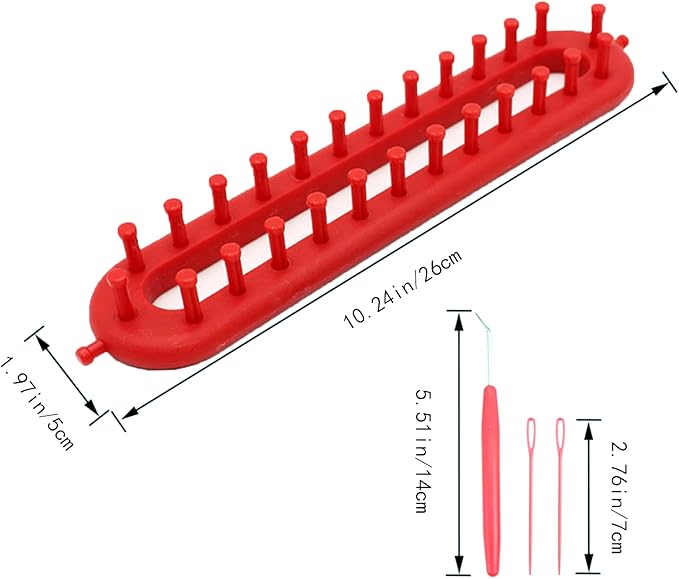 Rectangle Knitting Looms，Plastic Weaving Looms Set，Weaving Loom，Scarf Hats Making Tools，DIY Crocheting Handmade Craft Kit with a Crochet Hook and Needle for Knitting Lovers，26 cm (Red)