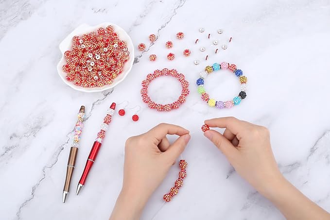 LAIDANLA 250pcs 12mm Red Rhinestone Beads and 8mm Rondelle Spacer Beads for Beadable Pens, Sparkly Shamballa Disco Baseball Bead for Jewelry Making Bracelets Necklace Earring DIY Craft