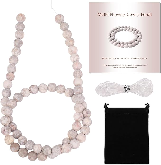 Stone Beads, 60pcs Matte Flowery Cowry Fossil, 6mm Round Loose Beads for Jewelry Making, Bracelets, with Bag, String & Card