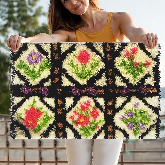 KitsMaster Latch Hook Kits for Adults, Crafts for Adults Women New Hobbies DIY Printed Canvas Rug for Home Decor Festival Gift 23.6''x15.8'' (Floral Trellis Bloom)