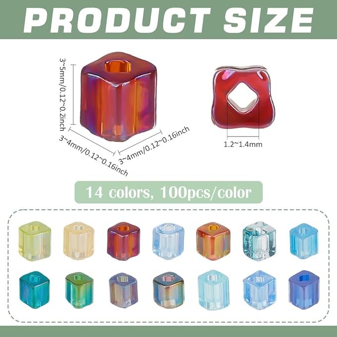 PH PandaHall 1400pcs 3mm Cube Glass Seed Beads Kit 14 Colors Transparent Colours Rainbow Crystal Square Beads Small Bead Cube Mini Bracelet Bead for Bracelets Earring Making Supplies