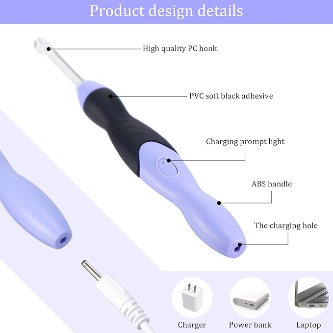 Chuangdi 11 Sizes Lighted Crochet Hooks Set Rechargeable Crochet Hook Light up Hooks with Case, Interchangeable Heads 2.5 mm to 8 mm for DIY Craft Supplies(Purple-Black)