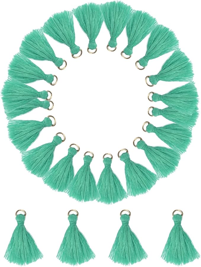 MSCFTFB 100 Pieces Mini Tassels with Jump Rings Mala Tassel Kit for Earring Necklace Jewelry Making Garland Keychain Charms Crafts Decorations (Mint)