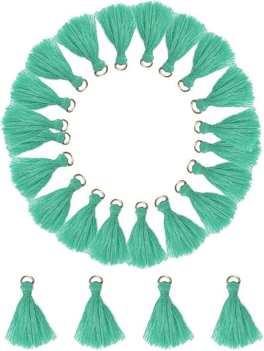 MSCFTFB 100 Pieces Mini Tassels with Jump Rings Mala Tassel Kit for Earring Necklace Jewelry Making Garland Keychain Charms Crafts Decorations (Mint)