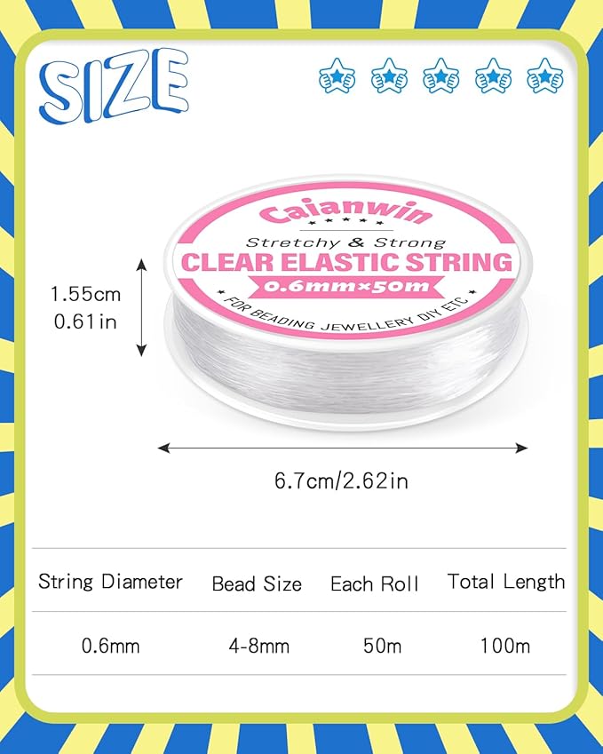 100M/0.6mm Elastic Bracelet String Cord Caianwin Stretchy Bracelet String Transparent Beading Thread Clear Bead Cord for Beading, Bracelet and Jewelry Making
