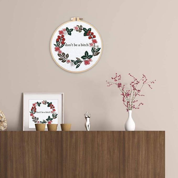 Louise Maelys Cross Stitch Kit Full Range DIY Floral Wreath with Funny Sayimg Embroidery Kit for Beginner