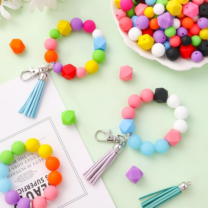 131 PCS Silicone Beads for Keychain Making Kit,12mm 15mm Round 14mm Polygonal Rubber Beads Multicolor Bulk Silicone Loose Beads for DIY Necklace Bracelet Jewelry Making Supplies