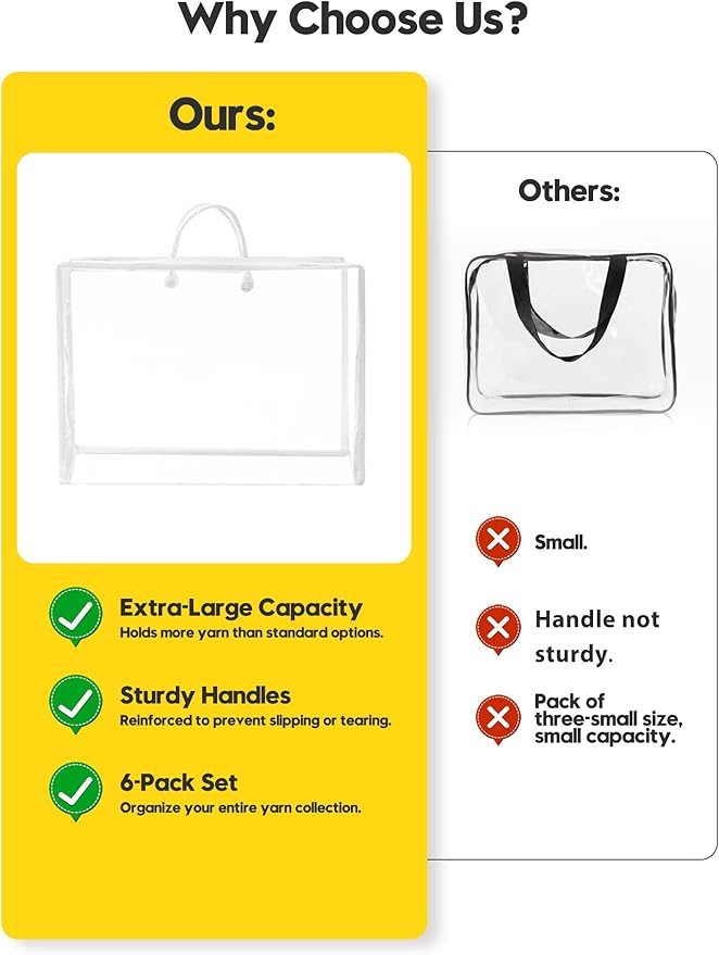 6 Packs Large Yarn Storage Bags, Clear Yarn Storage Organizer with Zippers and Handles, Crochet Bag Knitting Bag for Knitting Needles Crochet Hooks-17.75 * 6.69 * 11.8 inches