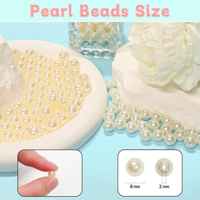 Pearl Beads for Jewelry Making Holes ABS Craft Beads with Holes for Jewelry Making, Bracelet, Necklace Crafting Bulk Bead Kit (8mm,Ivory White/750 pcs)