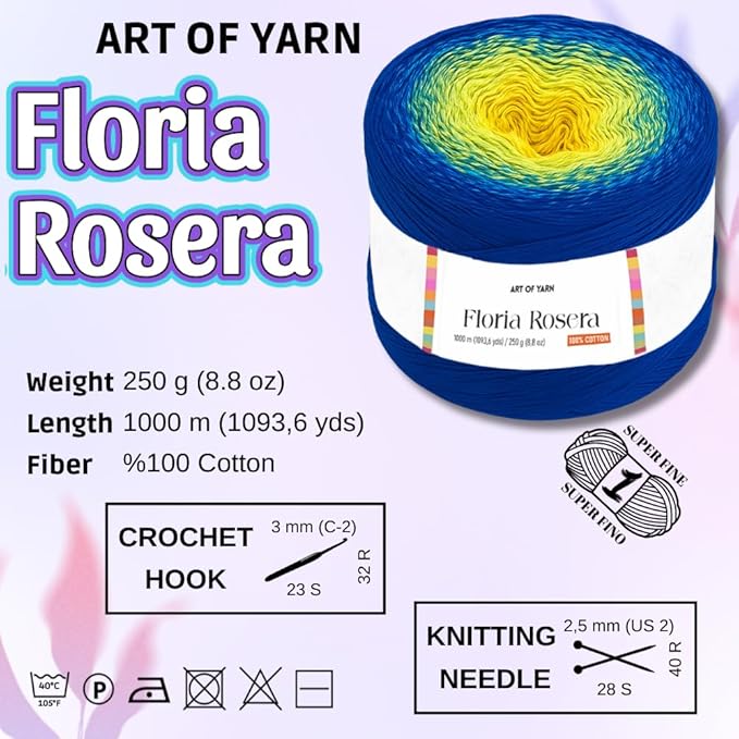 Floria Rosera Ombre 100% Cotton 250g (8.80oz) 1094 Yards Fine 1 Vibrant Multicolor Rainbow for Crochet Knitting Amigurumi Crafts Ideal for Spring Summer Projects Thick Soft
