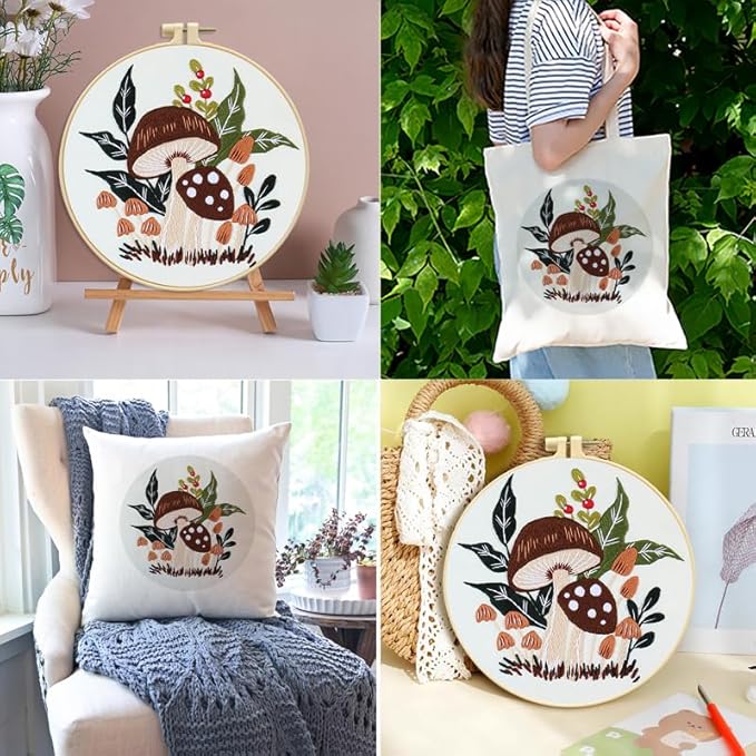 Zhenqing Woodland Mushroom Embroidery Kit for Beginners - 29x29cm Printed Fabric with Hoop & Full Tools(S-CX0910)