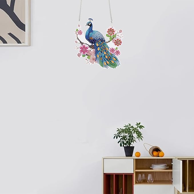 TDFERAN Diamond Painting Pendant Peacock Mosaic Making Kits by Kits Home Decoration Pendant Diamond Art Hanging Sign Onament Art Wind Chimes Hanging Pendants for Wall Home Decor Tabletop Decoration