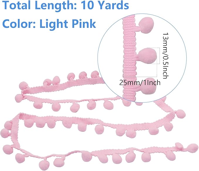 Homiest 10 Yards Pom Pom Trim for Sewing, 1 Inch Wide Light Pink Ribbon Bundles Textured Fabric Fringe Ribbon, 13mm Ball Pompom Trim for DIY Crafts Curtain Clothes Pillow Home Decoration